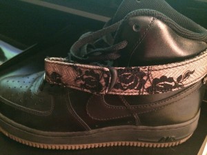 I needed a pair of black on black high-top Air Force 1s in my rotation, but I wanted to add a feminine element.  These are custom made with black and cream lace detail on the velcro straps.